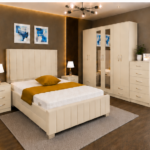 Stylish Complete Cream Color Bedroom Suite - with Mirrored Wardrobe, Side Tables & Chest of Drawers