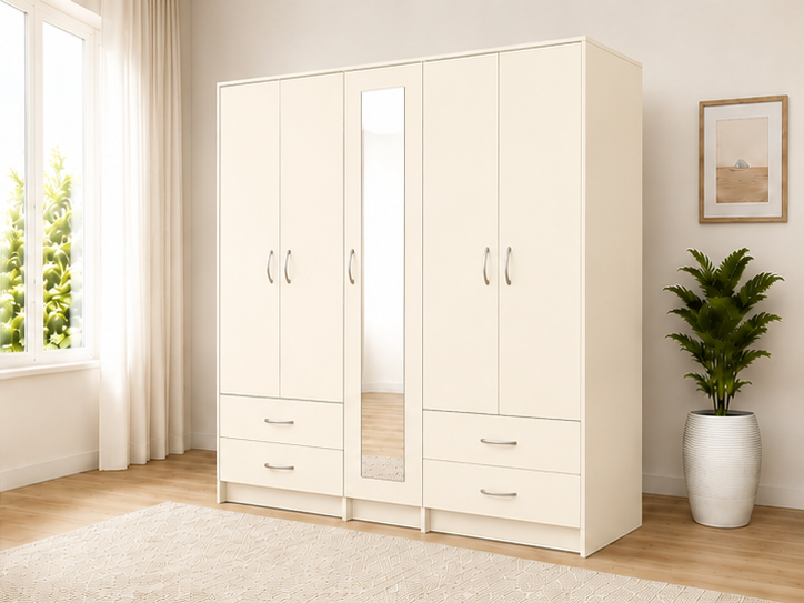 cream_wardrobe_angle Modern Family 5 Door Wardrobe Organizer - Large Capacity 5 Door Wardrobe with Mirror - Image 1