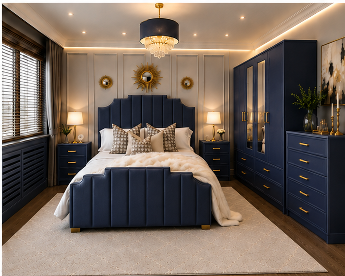dark_blue_angle_4 Designer Bedroom Set with 4 Door Wardrobe and Side Tables & Chest - Image 1