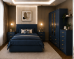 Luxury blue Bedroom Furniture Set with 4 Door Mirrored Wardrobe
