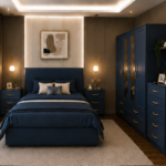 Luxury blue Bedroom Furniture Set with 4 Door Mirrored Wardrobe