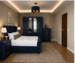 Luxury Dark Blue Bedroom Set – 4 Door Wardrobe, Bedside Tables & Chest of Drawers - Image 2