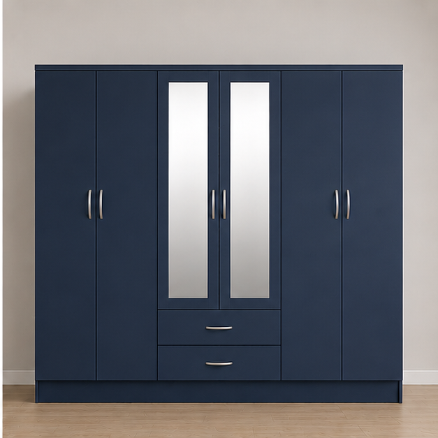 dark_blue_wardrobe_2 Premium 6 Door Wardrobe with 2 Mirror and 2 Storage Drawers - 6 Door Wardrobe with Mirrors - Image 1