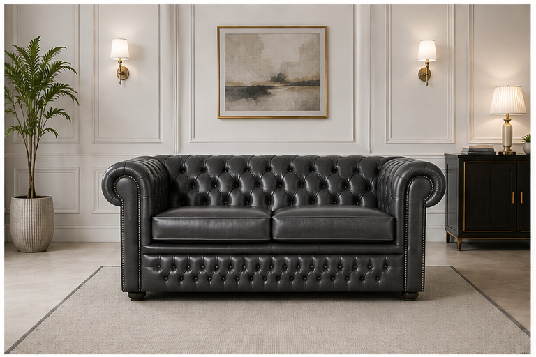 dark_gray_front_view Deep Tufted Chesterfield Sofa for Small Living Spaces with dark grey colours - Image 1