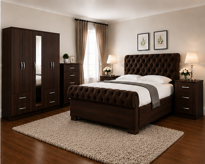 dark_walnut_angle_2 Premium 5 Door Wardrobe Set with Bed -Storage Furniture - Image 1