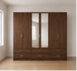 Large Capacity walnut 6 Door Wardrobe with dual Mirror 6 Drawers - Premium Storage 6 Door Wardrobe with 6 Drawers & 2 Mirrors