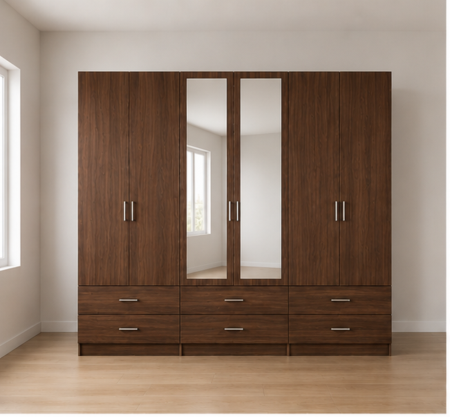 dark_wardrobe_1 Large Capacity walnut 6 Door Wardrobe with dual Mirror 6 Drawers - Premium Storage 6 Door Wardrobe with 6 Drawers & 2 Mirrors - Image 1