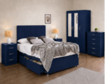 Unique Blue Color Bedroom Furniture Package | Mirror Wardrobe & Storage Bed Set