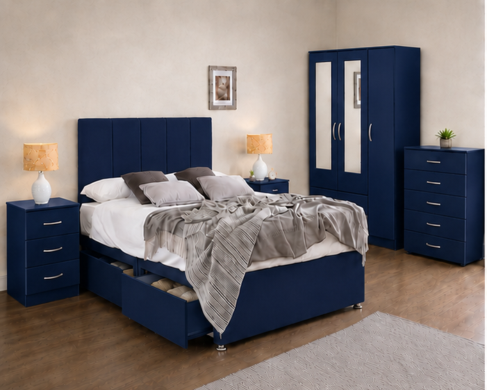 darkblue_top_left Unique Blue Color Bedroom Furniture Package | Mirror Wardrobe & Storage Bed Set - Image 1