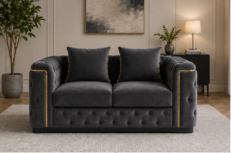 darkgrey_front_view Midnight Velvet Tufted Loveseat - Onyx Luxe Accent Sofa - Image 1