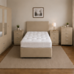 Modern Beige Bedroom Furniture Set - Mirrored Wardrobe, Chest & Bed Side Tables