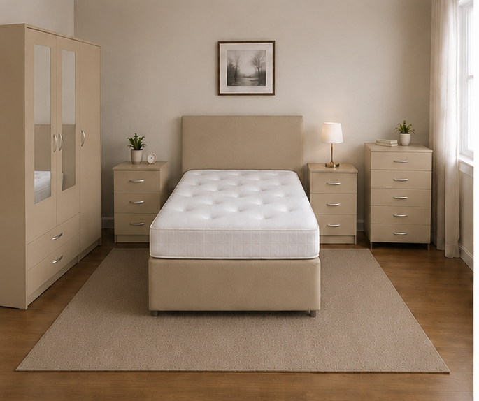front_angle_beige Modern Beige Bedroom Furniture Set - Mirrored Wardrobe, Chest & Bed Side Tables - Image 1