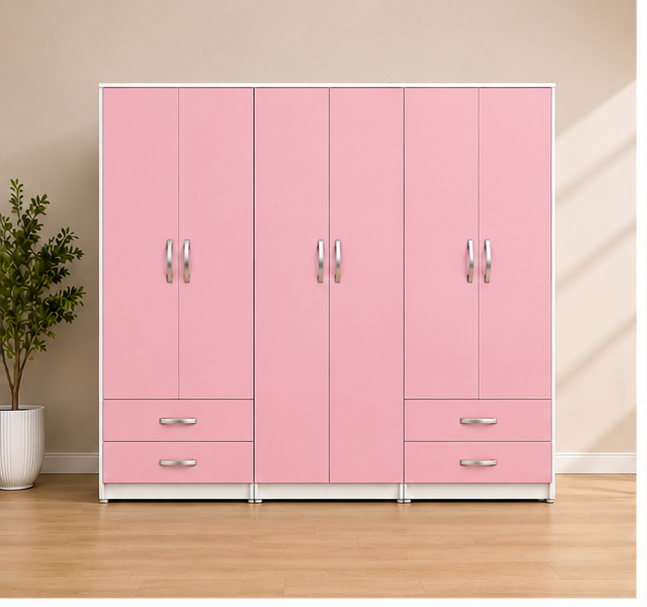 front_pink_wardrobe Modern 6 Door Wardrobe with 4 Drawers - Luxury 6 Door Wardrobe - Image 1
