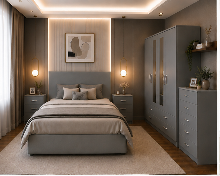 front_view Grey 4 Door Bedroom Furniture Set with Chest of Drawers & Bedside Tables - Image 1