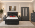 Luxury grey Velvet Complete Bedroom Furniture Set – Bed, Wardrobe, Chest & Bedside Tables