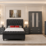 Luxury grey Velvet Complete Bedroom Furniture Set – Bed, Wardrobe, Chest & Bedside Tables