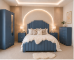 Contemporary Blue Double Bedroom Set – Double Bed, Mirrored 2 Door Wardrobe with Drawers, Chest of Drawers & Pair of Bedside Tables