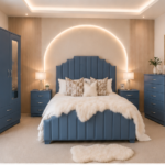 Contemporary Blue Double Bedroom Set – Double Bed, Mirrored 2 Door Wardrobe with Drawers, Chest of Drawers & Pair of Bedside Tables