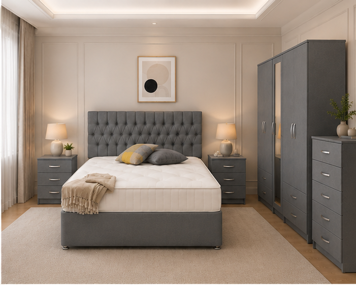 front_view(1) Luxury Complete Bedroom Furniture Set with Wardrobe, Bedside Tables & Chest of Drawers in grey colors - Image 1