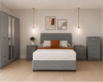 Modern Grey King Size Bedroom Furniture Set - Six Door Wardrobe With Full Length Mirrors - Five Drawer Chest - Two Bedside Tables - Image 2