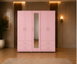 Spacious 5 Door Pink Wardrobe with Mirror and Double Bottom Drawers - Spacious 5 Door Wardrobe with 4 Bottom Drawers