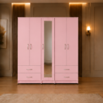 Spacious 5 Door Pink Wardrobe with Mirror and Double Bottom Drawers - Spacious 5 Door Wardrobe with 4 Bottom Drawers