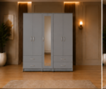 Light Grey 5 Door Wardrobe with Mirror Door & Bottom Drawers - Premium Organizer 5 Door Wardrobe