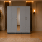 Light Grey 5 Door Wardrobe with Mirror Door & Bottom Drawers - Premium Organizer 5 Door Wardrobe