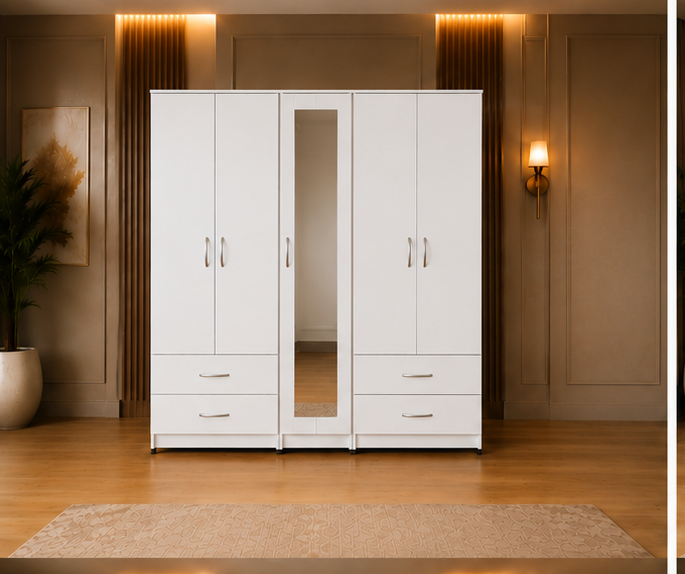 front_view(7) Contemporary White 5 Door Wardrobe with Center Mirror & Spacious Drawer Storage - 5 Door Wardrobe with Drawers - Image 1