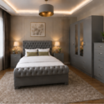 Modern Grey Bedroom Furniture Set with 4 Door Wardrobe and Side Tables & Chest