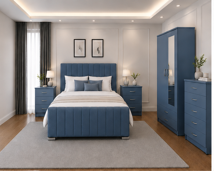 front_view_blue Designer Bedroom Collection with 2 Door Wardrobe & Chest - Image 1