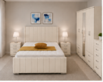 Luxury Cream Color  King Size Bedroom Set - Four Door Wardrobe With Four Drawer - Chest of Five Drawers With Two Bed Side Table - Image 3
