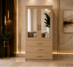 Modern Light Brown 2 Door Mirrored Wardrobe with 3 Drawers