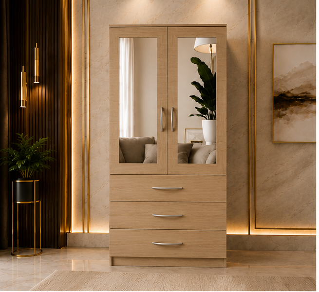 front_view_light_brown Modern Light Brown 2 Door Mirrored Wardrobe with 3 Drawers - Image 1
