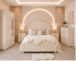 Complete Cream Bedroom Furniture Package – Double Bed, 2 Door Mirror Wardrobe with Storage Drawers, 5 Drawer Chest & 2 Side Tables