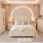 Complete Cream Bedroom Furniture Package – Double Bed, 2 Door Mirror Wardrobe with Storage Drawers, 5 Drawer Chest & 2 Side Tables