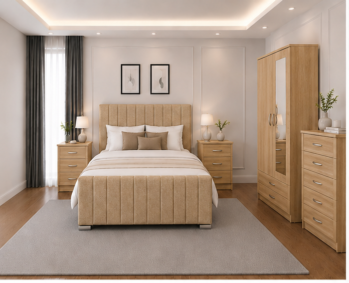 front_view_oak Luxury Upholstered Bed Set with Matching Storage Furniture - Image 1