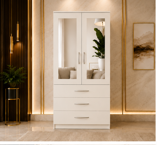 front_view_offwhite Modern Two Door Wardrobe with Three Drawers & Dual Mirrors - Image 1