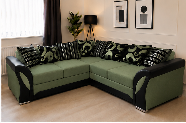 green_right_view Shannon Fabric Corner Sofa - Stylish 5 Seater Family Seating - Image 1