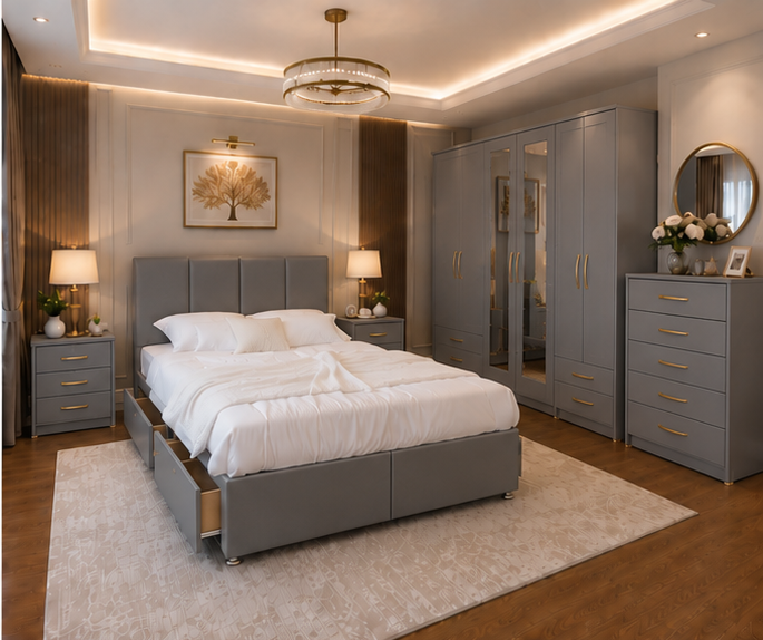 grey_angle_2 (1) Luxury King Bed Set – Six Door Wardrobe with Mirror & Drawers – Five Drawer Chest – Two Bedside Tables - Image 1