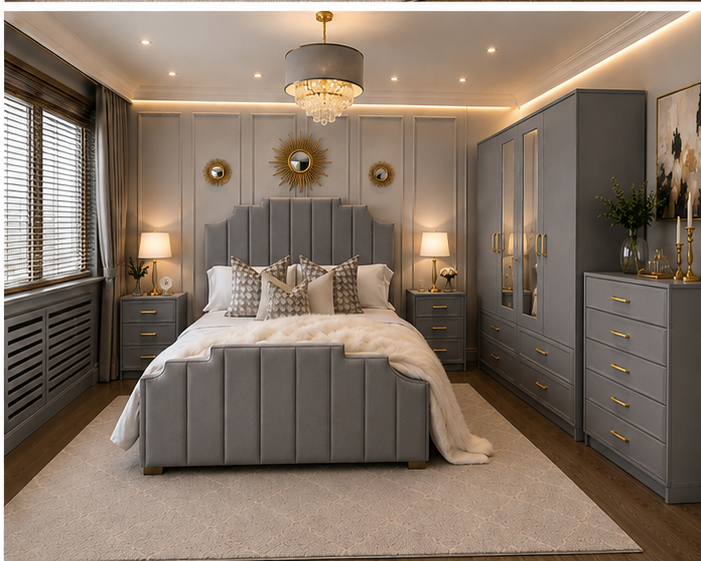grey_angle_4 (1) Premium Bedroom Set with 4 Door Wardrobe, Side Tables & Chest of Drawers - Image 1