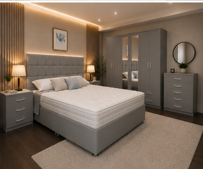 Contemporary Bedroom Furniture Set King Size Bed – Six Door Wardrobe – Five Drawer Chest – Two Nightstand
