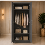 Elegant 2 Door Storage Wardrobe with Hanging Space with dark grey colors - Elite Bedroom Two Door Wardrobe - Image 3