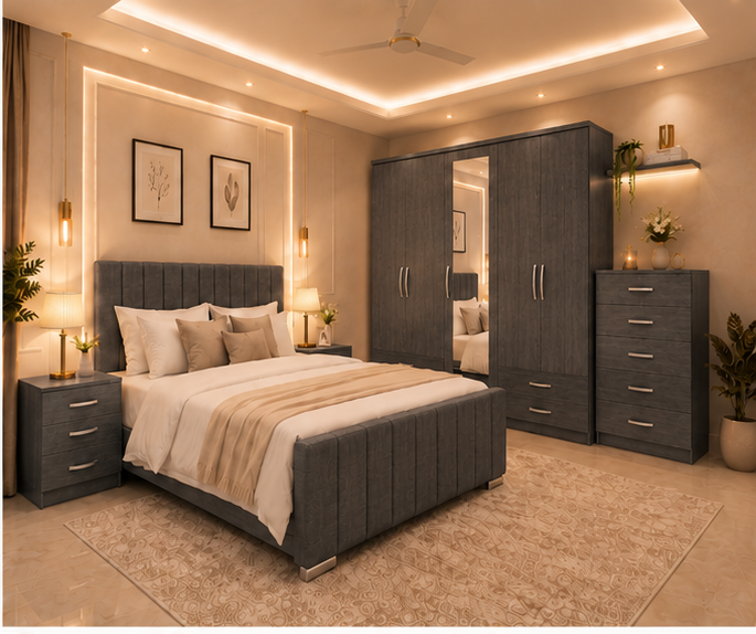 grey_furniture_angle_2 Premium Bedroom Set – Bed, Side Tables Chest Of Drawer & 5 Door Wardrobe - Image 1
