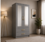 Space Saving 2 Door Wardrobe with Mirror Doors with grey colors - Contemporary Two Door Storage Wardrobe - Image 2