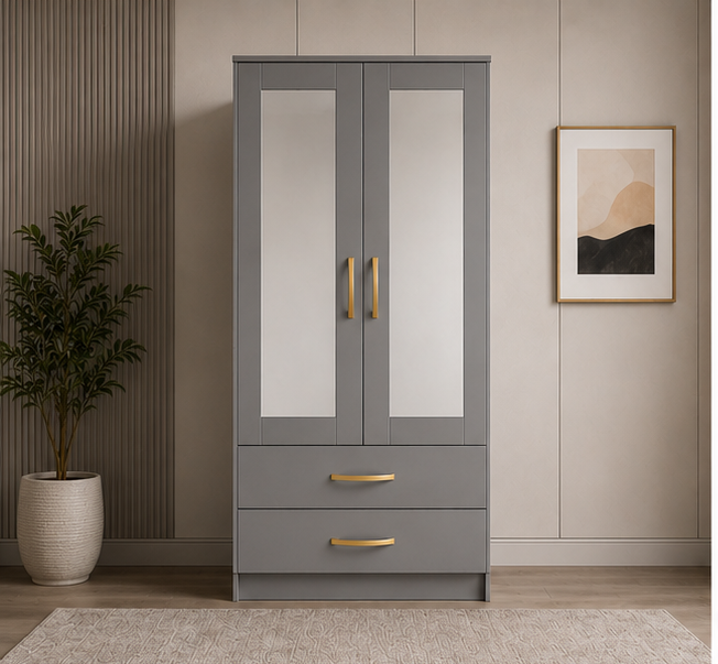 grey_luxury_front_view Space Saving 2 Door Wardrobe with Mirror Doors with grey colors - Contemporary Two Door Storage Wardrobe - Image 1