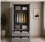 Space Saving 2 Door Wardrobe with Mirror Doors with grey colors - Contemporary Two Door Storage Wardrobe - Image 3