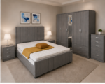 Elegant Grey Bedroom Furniture Set - Double Bed, Side Tables & 5 Door Wardrobe
