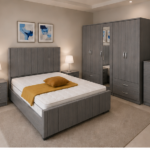 Elegant Grey Bedroom Furniture Set - Double Bed, Side Tables & 5 Door Wardrobe