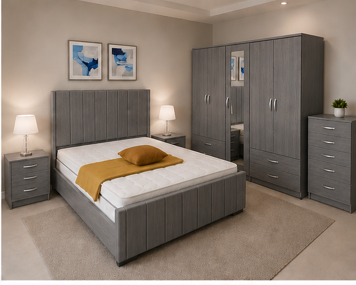 grey_right_view (1) Elegant Grey Bedroom Furniture Set - Double Bed, Side Tables & 5 Door Wardrobe - Image 1